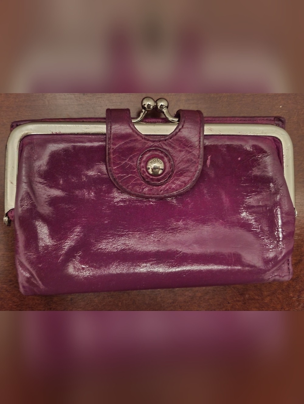 HOBO Plum Patent Leather Kiss-Lock Wallet with Snap Tab